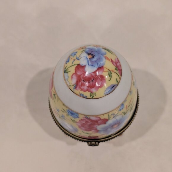 Limoges Hand Painted Egg France Trinket Box with Pink and Blue Flowers - Picture 2 of 12